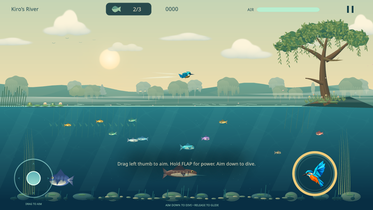 Kiro flying over the river, with fish swimming below the surface